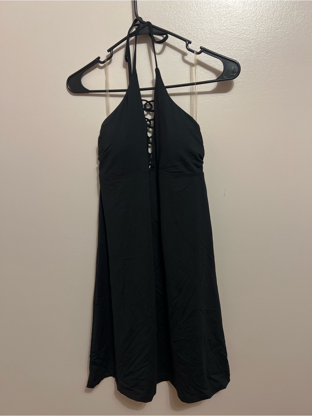 Athleta Black Swim Dress Halter Swimsuit Lace-Up Plunge Neck Adjustable Back